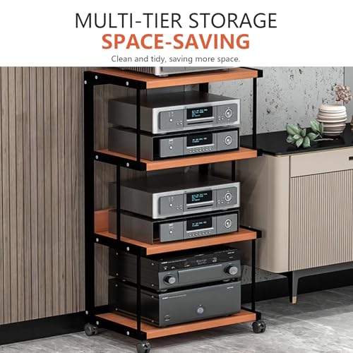 Support multimédia AV mobile avec roulettes, support de rangement en métal à 4 niveaux pour matériel audio et équipement audio, montage facile, noir, idéal pour la maison et le bureau