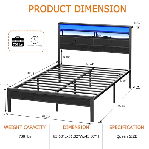 Image of Furnulem Queen Bed Frame with Headboard, Built-in Charging Station | 3-Tier Storage Shelves with LED Lights and 2 Fabric Drawers, Under Bed Storage, No Box Spring Needed, Easy Assembly
