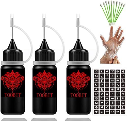 Temporary Tattoo kit Jagua Gel Tattoos - 3 Bottles Red（1.5oz）Semi Permanent Tattoo Freehand Ink Free 35 Pcs Tattoos Stencils 10 Cotton Swabs&1 Pair Disposable Gloves