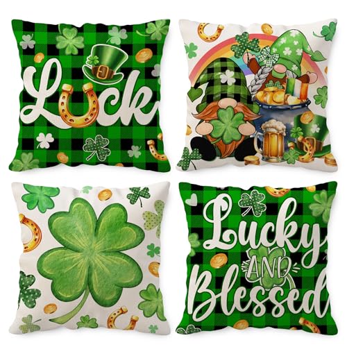 Unibyby St Patricks Day Pillow Covers 18x18 Lucky Clover Throw Pillowcase Green Luck Shamrock Home Decor Square Cushion Covers for Sofa Bed Couch Set of 4