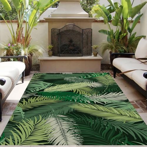 Indoor Outdoor Rug Green Palm Leaf Tropical Botanical Area Rugs 5x8 for Porch Patio Deck Balcony Veranda Easy Clean Non Slip Washable Outside Carpet Natural Fresh Vibrant Visual Poolside Floor Mats