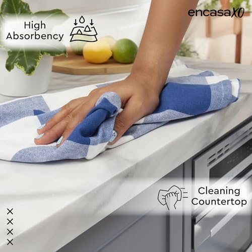 Image of Encasa XO Kitchen Towels Cotton Pack of 4 | 70x45 cm, Buffalo Blue Checks - Dish Cloths | Highly Absorbent Cleaning & Wiping Cloths for Kitchen | Reusable Tea Towels