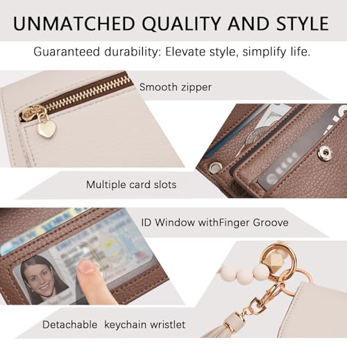 Image of Keychain Wallet for Women,RFID Wristlet Wallet with Beaded Strap | Tri-Fold Design,6 Card Slots,ID Window,Zipper Coin Pocket,Lightweight Carry
