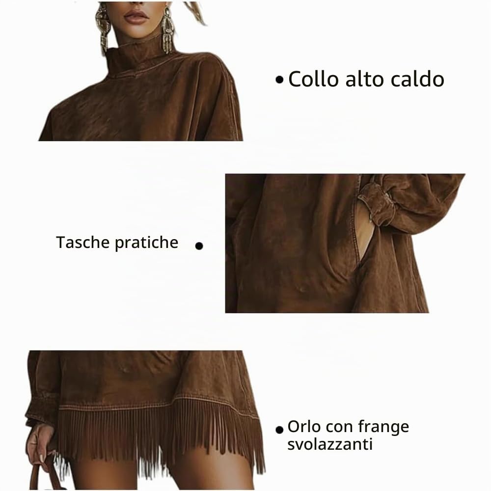 Mini Abito Vintage in Pelle Scamosciata Larga da Donna, Abiti a Maniche Lunghe con Scollo a Lupetto e Nappa, Abito da Cowgirl retrò, Cappotto Patchwork a Maniche Lunghe