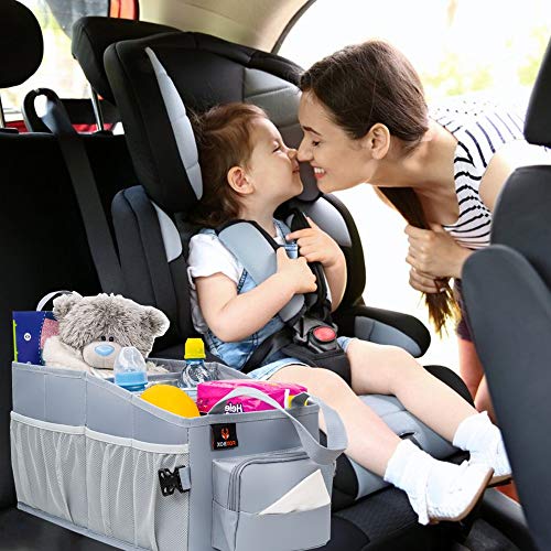 Image of Easy-to-Reach Kids Car Organizer with Tissue Box and Cup Holder for Back Seat, Front Seat, Between Seats, Floor - Tote Car Storage Organization for Toddlers - Kids Road Trip Travel Essentials (Grey)