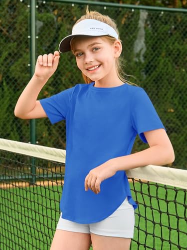 Image of Haloumoning Girls Summer Short Sleeve Shirt Kids Crewneck Curve Hem Soft Tunic Tops T-Shirts 5-14 Years