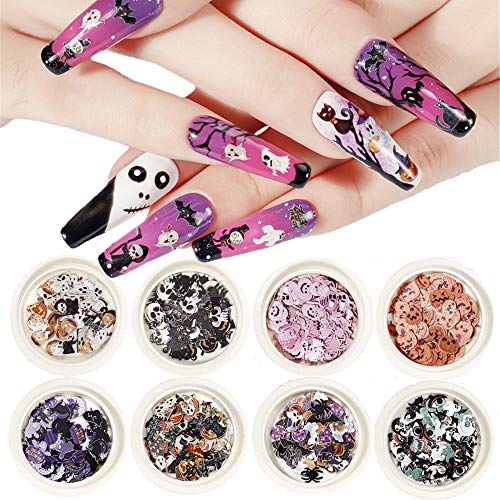 EBANKU 8 Boîte Halloween Paillettes à Ongles 3D Nail Art Stickers, Citrouille Chauve-Souris Minces Paillettes Nail Art Autocollants manucure Maquillage Bricolage décoration pour Halloween