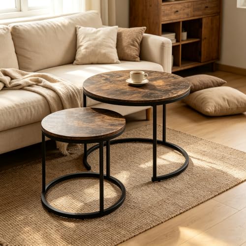 Image of Round Coffee Tables for Living Room, Set of 2 (Rustic Wooden) | living room side table, Drink Tables for Small Spaces