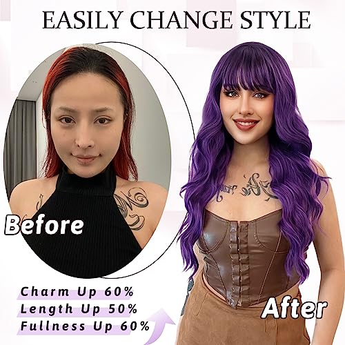Image of NAYOO Ombre Purple Wigs with Bangs for Women,24 Inch Wavy Synthetic Wig
