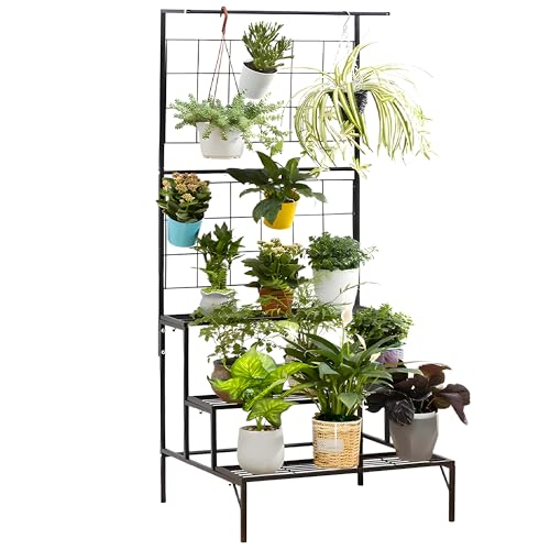 Image of Kuber Industries Large Metal 3 Tier Plant Stands for Outdoor Balcony, Flower Pot Stand for Indoor Plants, Planter Stand for Living Room, Home Decor, Indoor & Outdoor Plants | Black