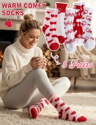 Image of Womens Fuzzy Socks Warm Fluffy Cozy Winter Slipper Thick Fleece Heart Socks 5 Pairs