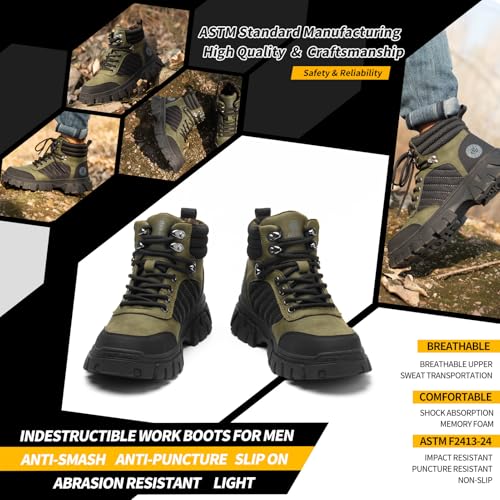 Image of KELODON Waterproof Steel Toe Boots For Men-6 Inch Comfortable Mens Safety Work Boots Indestructible Steel Toe Shoes Lightweight Non Slip Puncture Resistant Industrial Construction Boot