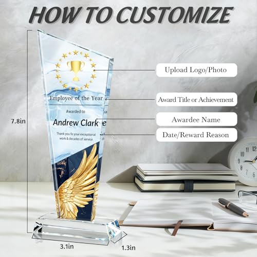 Image of Custom Crystal Trophy Award Personalized Plaque Award with Text Logo Photo Awards Trophies for Employee Recognition Team Graduation Personalized Office Gifts for Boss Coworker Teacher