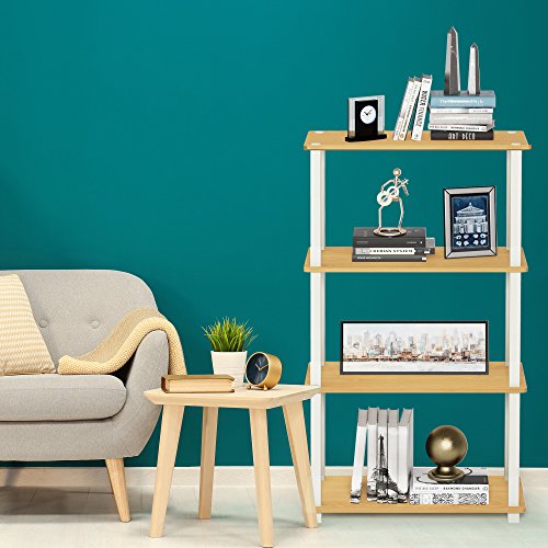 Image of Furinno TURN-S-TUBE Storage Shelves, 4-Tier Book Shelf, Corner Shelf, Toolless Open Shelves, for Organization and Storage, Living Room, Garage, Home Office, Beech