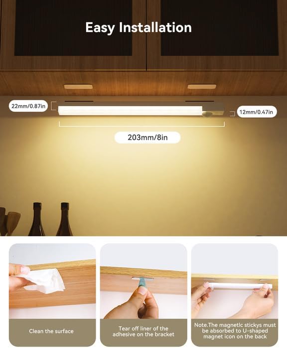 Under Cabinet Lights 8 Inch 3-Pack, Rechargeable Battery Operated Motion Sensor Light Indoor, Dimmable Closet Lights, Wireless Under Counter Lights for Kitchen, Stairs 8inch-3pack