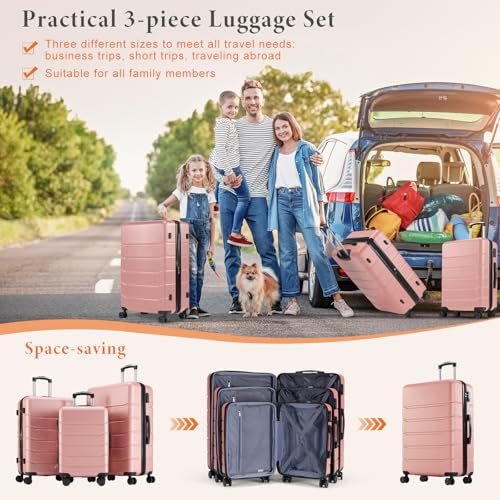 Image of Sweetcrispy 3 Piece Luggage Set, Hard Shell ABS Travel Suitcase with Silent Spinner Wheels, TSA Combination Lock, Lightweight Rolling Suitcases for Business Trip Vacation, Pink, 20 /24 /28 Inch