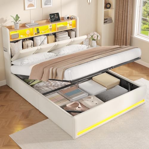 AOGLLATI Lit Coffre 140x190 avec Rangement Hydraulique, Lumières LED et Prise, Tête de Lit avec 3 Étagères Ouvertes & Compartiment Caché, Sommier à...
