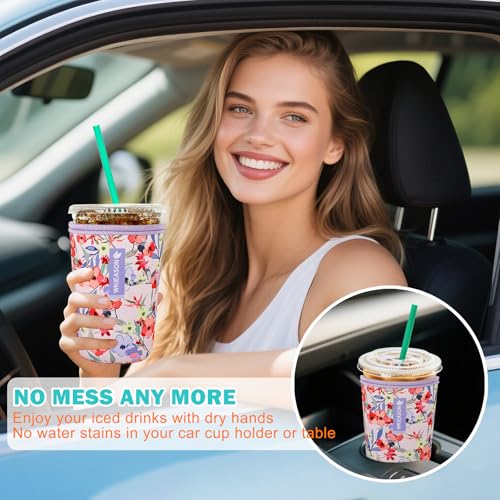 Image of Reusable Iced Coffee Cup Insulator Sleeve for Cold Beverages and Neoprene Cold Coffee Cup Sleeves Cooler Cover 16-32OZ for Coffee Cups, McDonalds, Dunkin Donuts, More (Flower Red)