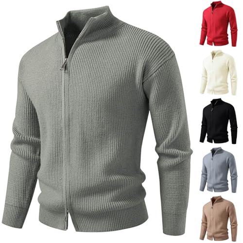 Cambkatl Men's Double Zipper Cardigan Sweaters Stylish Stand Collar Stretch Casual Long Sleeve Knitted Outerwear with Pockets2