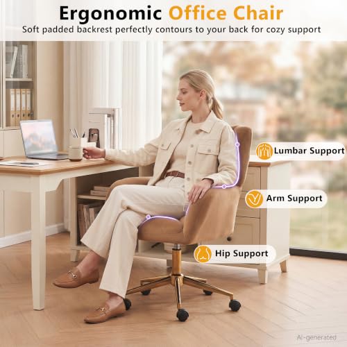 Image of FOXHUNTER Home Office Desk Chair, 360 Swivel Velvet Desk Chair with Gold Base Upholstered Adjustable Task Chair, Modern Swivel Rolling Chair for Living Room Bedroom, Velvet Brown