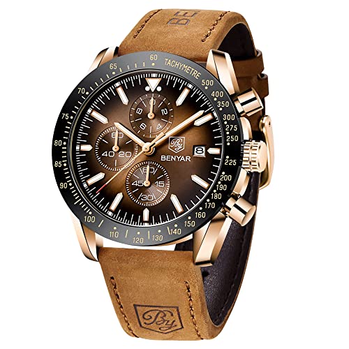 BENYAR Montre Homme Chronographe Analogique Quartz Etanche Lumineuses Classique Mode Affaires Sport Montres Bracelet en Cuir Marron Grand Cadran Date Montre...