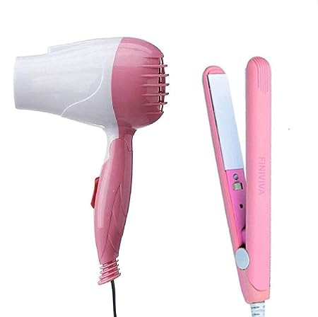Finiviva 2 in 1 Mini Size Hair Styling Combo Kit of Hair Straightener, Curler and Hair Dryer - Pink, White