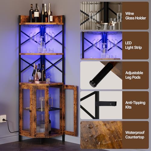 Corner Bar Cabinet with Power Outlet, 5-Tier Corner Wine Cabinet with Led Strip and Glass Holder, Industrial Tall Liquor Cabinet Bar Wine Rack for Home, Rustic Brown - Image 6