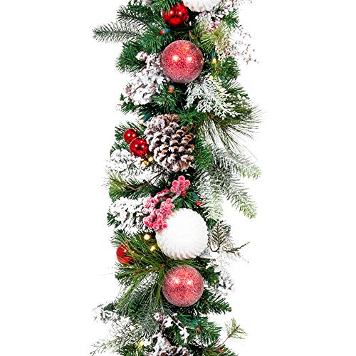 [9 Foot Artificial Christmas Garland] - Frosted Wonderland Collection - Red White Decoration - Pre Lit with 100 Candy Cane Colored LED Mini Lights - includes Remote Controlled Battery Powered Timer