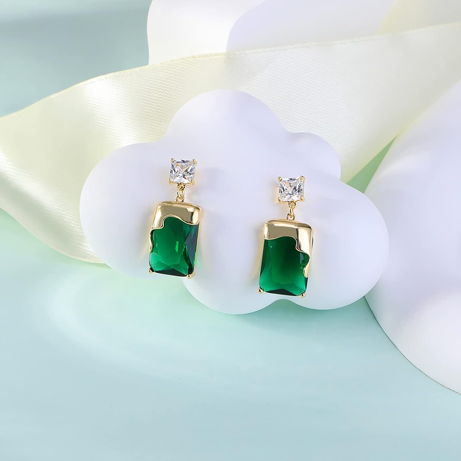 Emerald Earrings with Gold Melting Shape Elegant Solitaire Cubic Zirconia Green Earrings for Women Dangle - Image 5