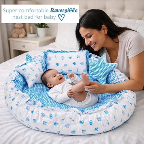 Image of Fareto Combo of Baby Bed with Net | Carry Bag | 4 Pcs Bedding Set (0-6 Months, Baby Size, Cotton) (Taj Blue)