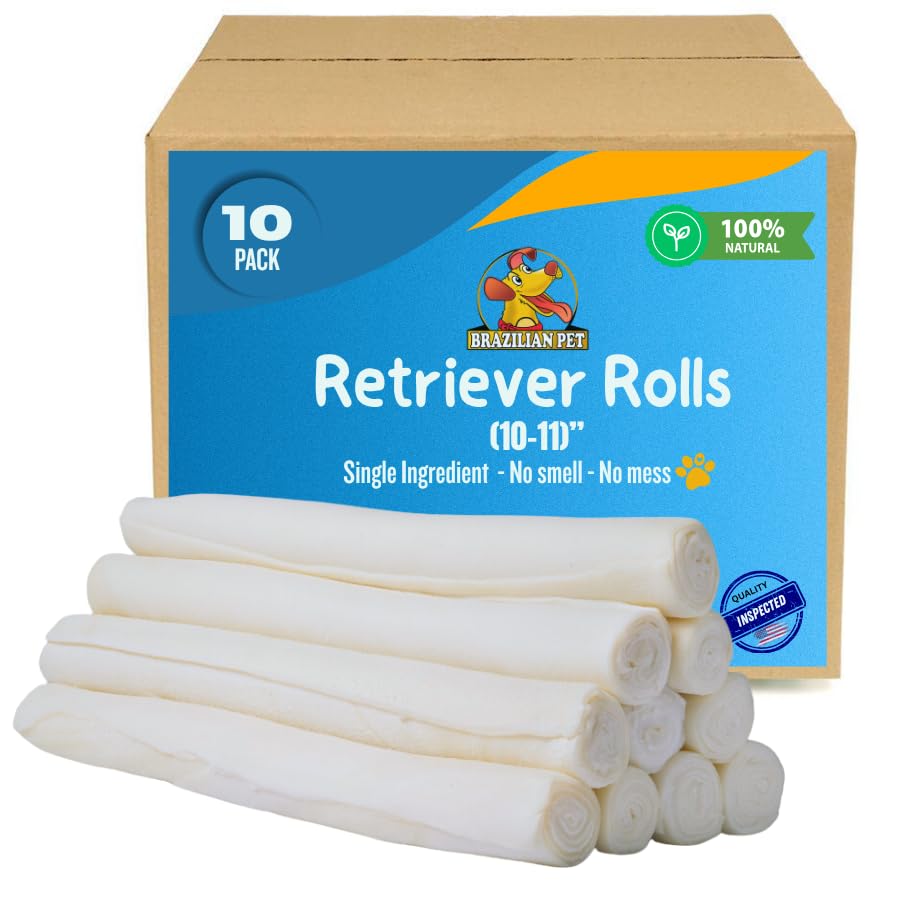 Brazilian Pet All Natural Treats Rawhide Retriever Beefhide Rolls Dog Chews Bones, Single Ingredient - Long Lasting Chew 10-11" (10 Count)