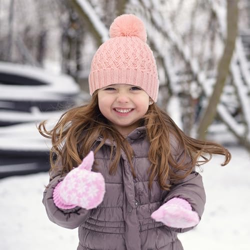 Kids Winter Hat and Gloves Set, Girl Warm Knit Beanie with Pom Fleece Lined for Toddler Boys Girls 1-6 Years2