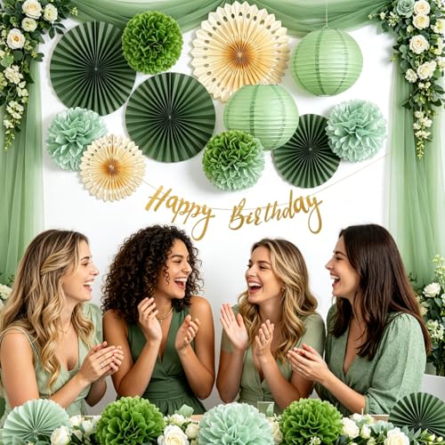 Image of SUNBEAUTY Sage Green Birthday Decorations for Women Green Tissue Pom Poms Paper Lanterns Party Decorations Happy Birthday Banner Sage Green Paper Fans for Spring Garden Party Wedding Bridal Shower