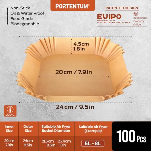 PORTENTUM Papel freidora aire 100 unidades de 20-24 cm Cuadrado. Para Air Fryer, Grado alimenticio con triple certificación BPA free, FDA y LFGB - Imagen 4