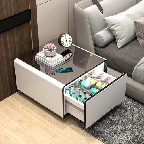 Smart side table with built-in refrigerator, modern design, glass top, and drawer displaying beverages, enhancing convenience in contemporary home settings.