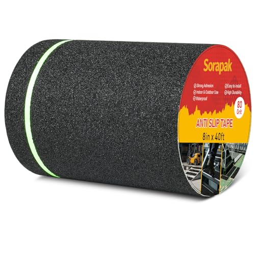 Image of Glow in The Dark Anti Slip Tape, 8in x 40ft Black 80 Grit Waterproof Grip Tape Roll, Non Slip Stair Treads for Outdoor Steps, Ramps, Walkways, Decks & Floors