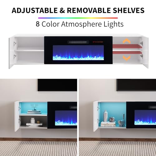 Image of AMERLIFE Floating TV Stand with 36 inch Electric Fireplace, High Gloss Finish Wall Mounted Fireplace Entertainment Center with Storage for TVs Up to 78 inch, White