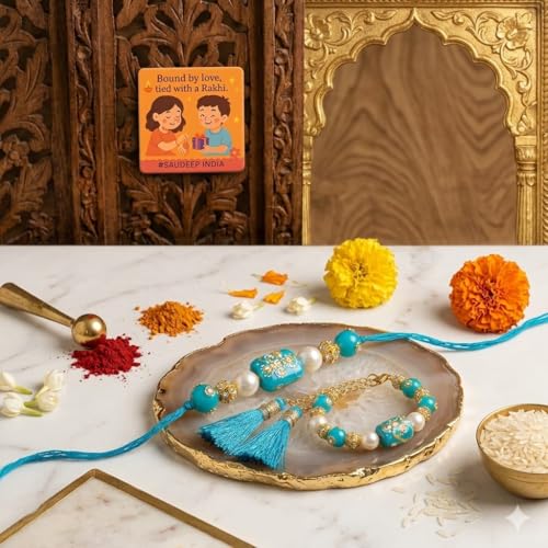 Image of SAUDEEP INDIA Decorative Fridge Magnet for Refrigerator Decor | Free Blue Stone Lumba Rakhi Set for Bhaiya Bhabhi with Rakhi for Brother | Raksha Bandhan Gift Combo | Festive Home Decor(Couple Rakhi)