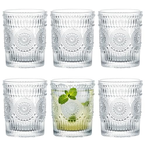Kingrol 6 Stück Wassergläser 270ml Geprägte Trinkglas Vintage Saftgläser Cocktailgläser Longdrinkgläser für Wasser Saft Bier Milch Getränke