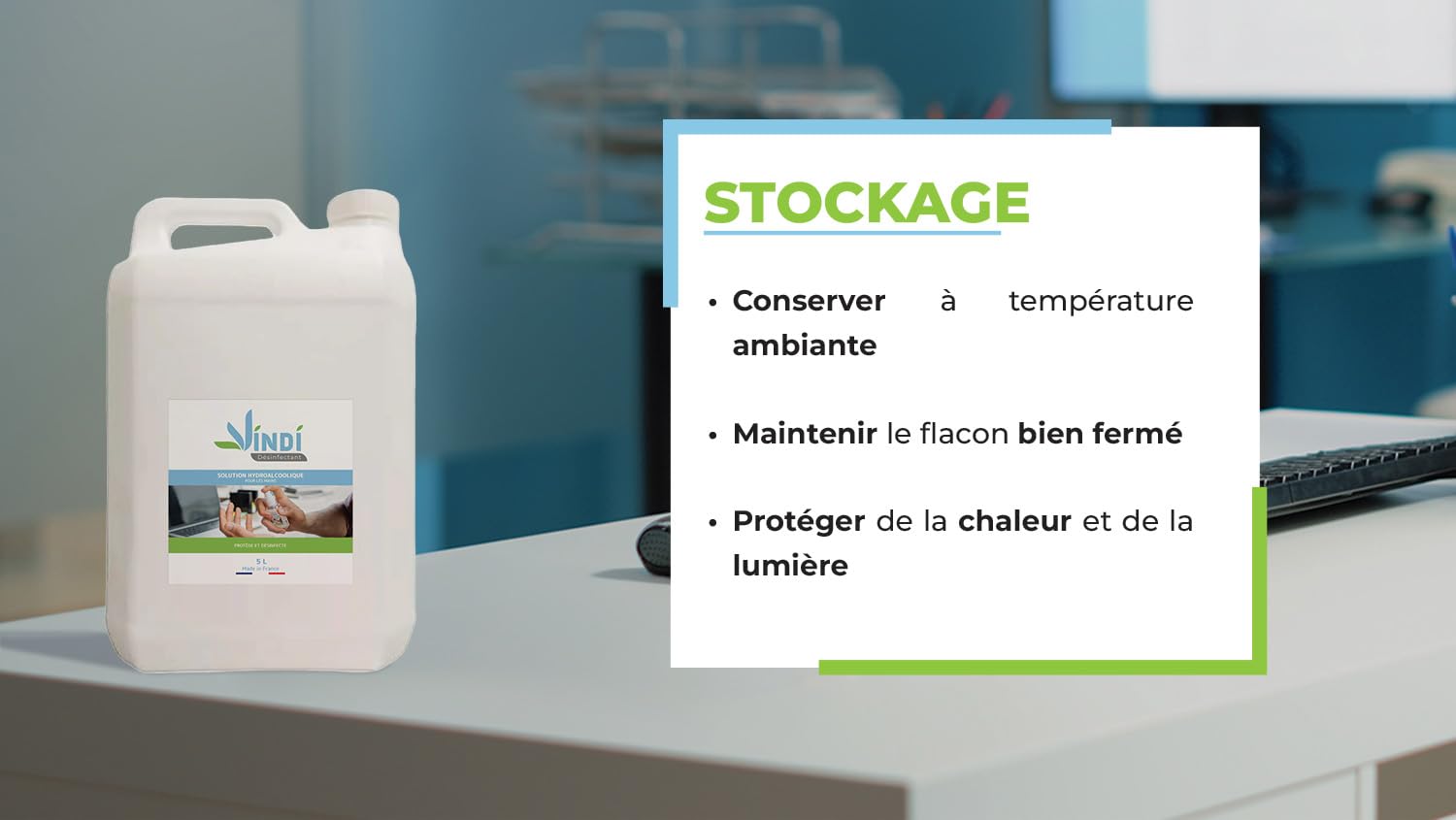 Vindi Désinfectant solution hydroalcoolique - Bidon de 5L - Fabrication Française - 76% d'alcool - Désinfection des mains et des surfaces - Virucide
