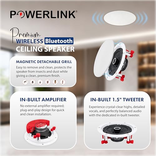 Image of Powerlink Bluetooth Ceiling Speaker 9 inch (Master) Wireless 40W - Frameless Flush Mount Design, Built-in Amplifier, Magnetic Detachable Grill, 2-Way Stereo Sound Ideal for Home,Office, Gym & Kitchen.