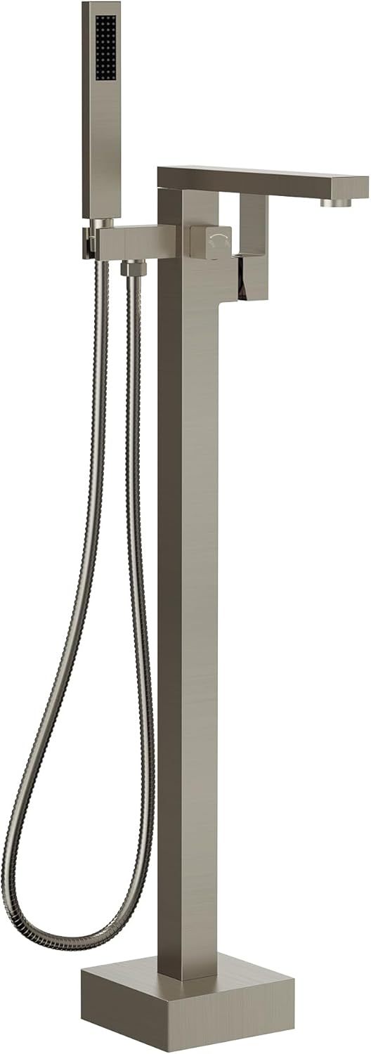 Brushed Nickel Freestanding Bathtub Faucet with Hand Shower, Single Handle Waterfall Spout, Solid Brass & 304 Stainless Steel High Flow Tub Filler, Floor Mount