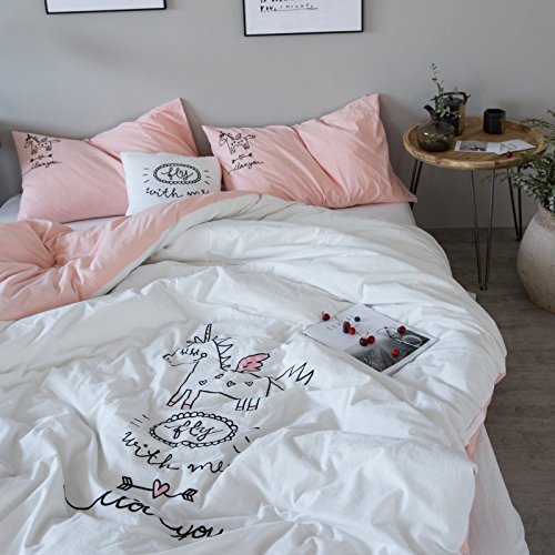 Four pieces of pure cotton, pure cotton, water, cotton, and cotton cartoon embroidered double quilt cover,Bed sheet,Unicorn,2.0m (6.6 feet) bed
