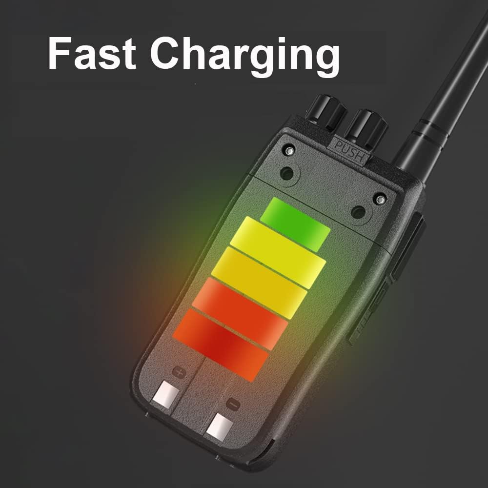 Image illustrating the fast charging capability of the VBTER WBT-V8 Walkie Talkie with a battery level indicator.