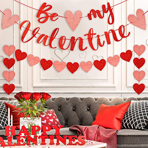 Image of Festiko Be My Valentine Banner & Heart Garland 3pcs Glitter Red Pink Happy Valentine's Day Large Pre-Assembled Holiday Banner Ornament for Wedding Engagement Party Home Decor