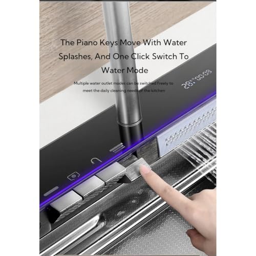 Image of Digital Kitchen Sink with 5-Piano Switch|304 Grade Stainless Steel Sink with Waterfall&Pull-down Faucet|LED Digital Display & RO Tap|360 Pull-out Faucet|Hot & Cold Control Handwheel (30x18x9 Inch)