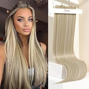 REECHO Hair Extensions, 4PCS Clip in Hair Extensions 24″ Thick Long Straight Blonde hair extensions HE004 Invisible Lace Weft Natural Soft Synthetic Hairpieces for Women – Ash Blonde with Highlights