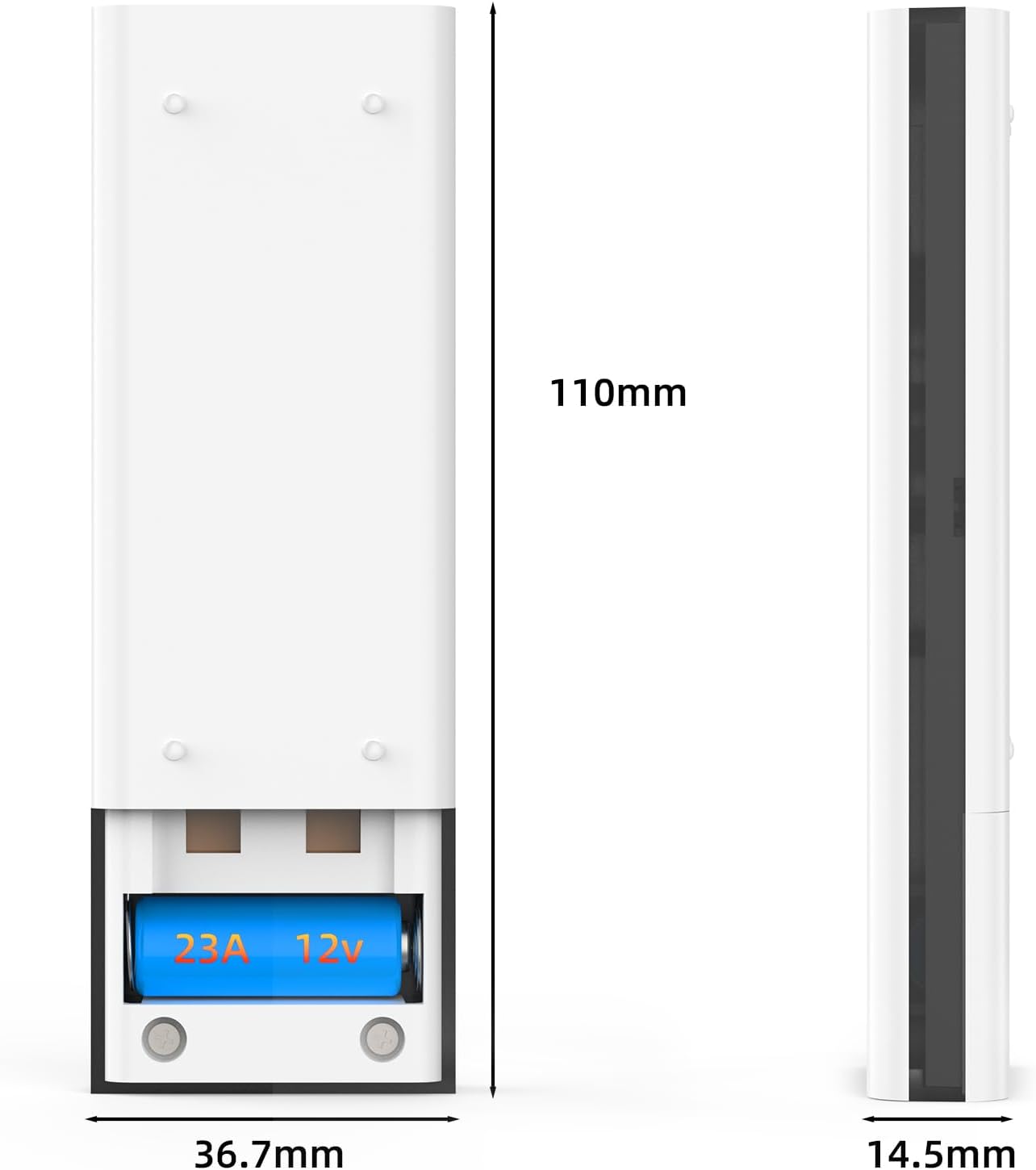Image showing the back of the CPVAN remote control with the battery compartment open, revealing a 23A 12V battery inserted.