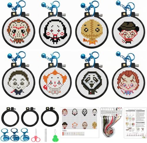 VIGEGU 8 Pack Horror Cross Stitch Kits for Beginners Halloween Stamped Cross Stitch Kits for Kids Crafts for Girls 8-12 Embroidery Kit 11CT Cross Stitch Kit for Beginners with Frame