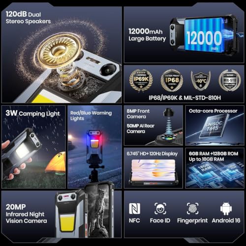 Image of FOSSIBOT F106 Plus Rugged Cellphone, 18GB+128GB+2TB,12000mAh Big Battery 30W Fast Charging Phone, Android 15, 512LM Camp Light, 128dB Double Speaker, 50MP+20MP Night Vision Camera, 4G Dual SIM NFC
